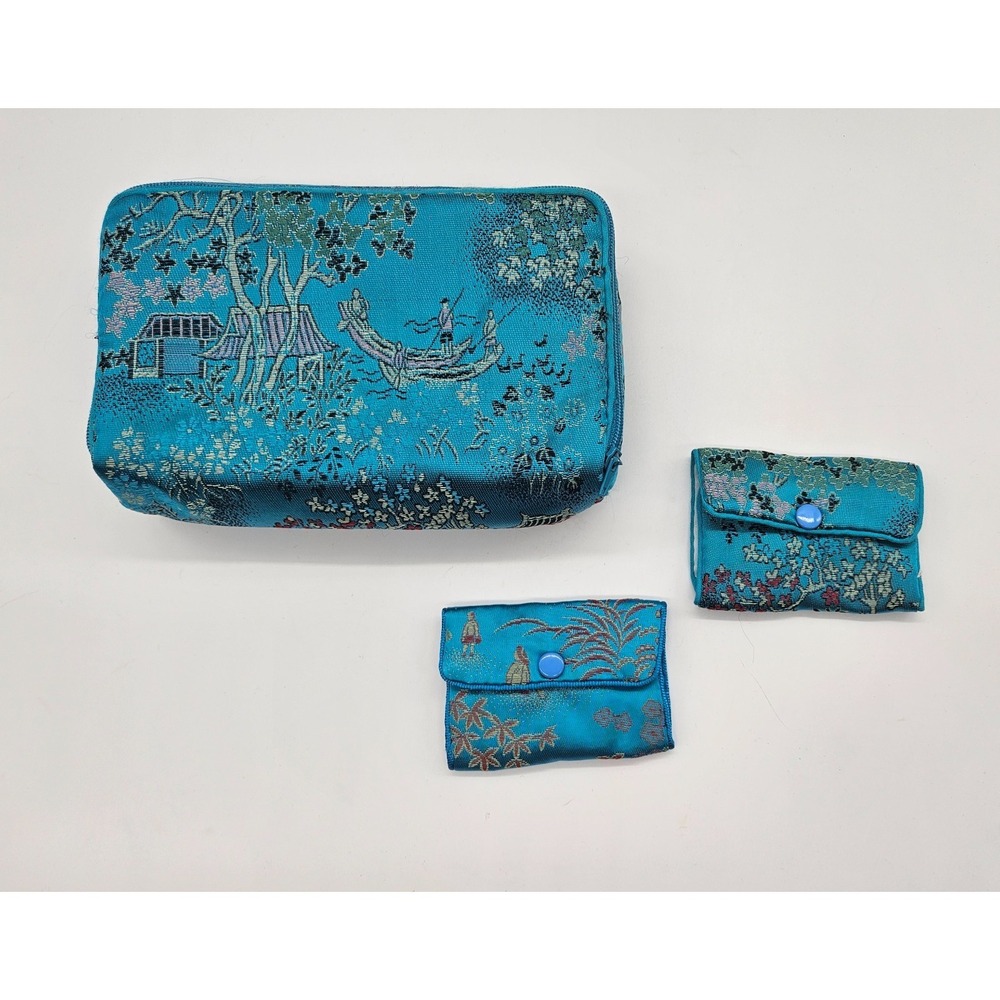 Vintage Blue Brocade 3pc Cosmetic Bag‎ Set Oriental Landscape Travel Pouches